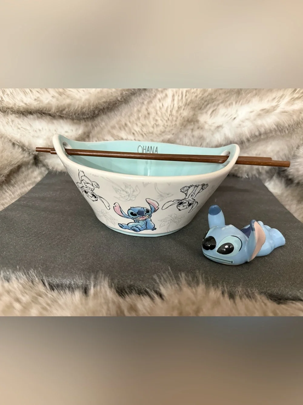 Rae Dunn Disney Ramen Bowl with Chopsticks and Holder - Stitch Ohana